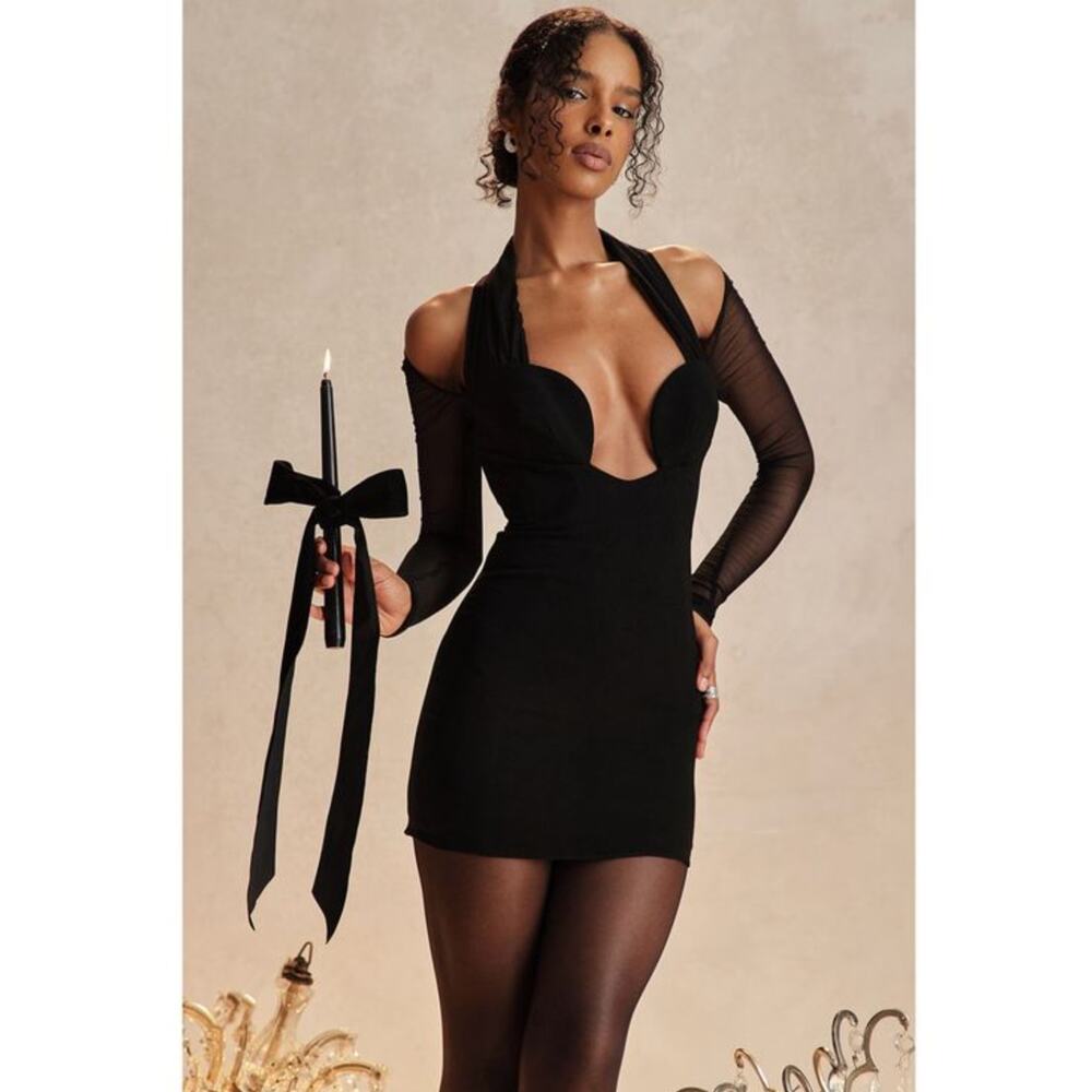 NWT House of CB Holly Black Plunge Halter Cutout Dress Size Small